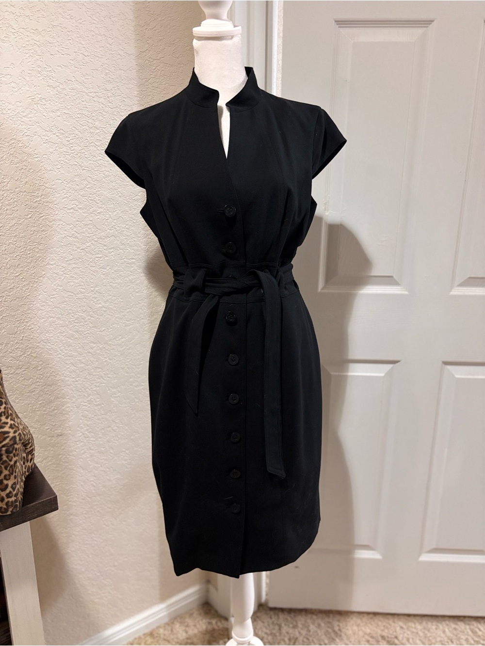 Calvin Klein Black Cap-Sleeve Button-Front Midi Dress with Tie Waist